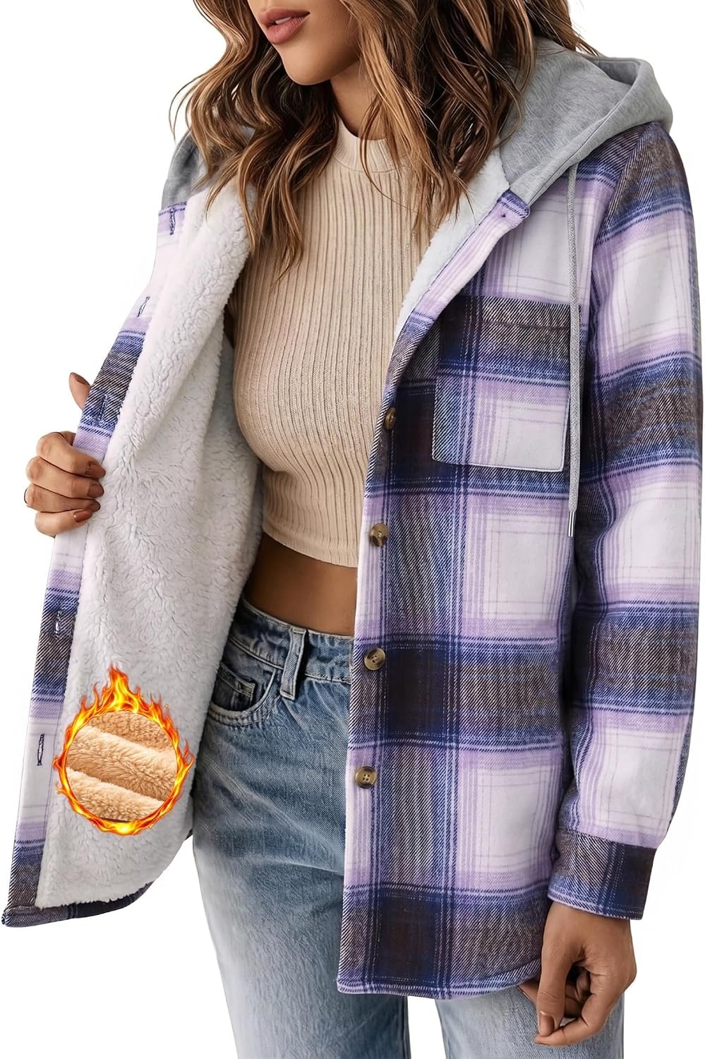 image:imageZeagoo Women Plaid Shacket Fleece Hooded Winter Coat Warm JacketsPurple