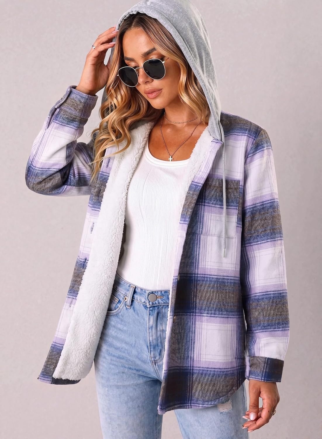 image:imageZeagoo Women Plaid Shacket Fleece Hooded Winter Coat Warm JacketsPurple