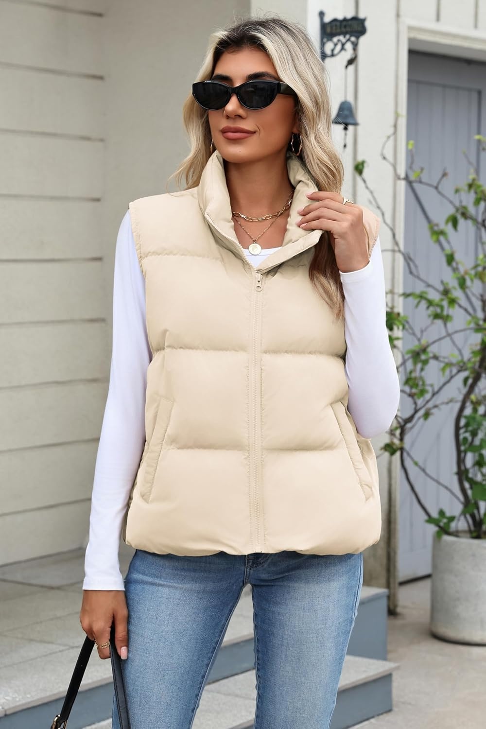 image:imageZeagoo Women Puffer Vest Cropped Winter Outerwear Warm CoatBeige