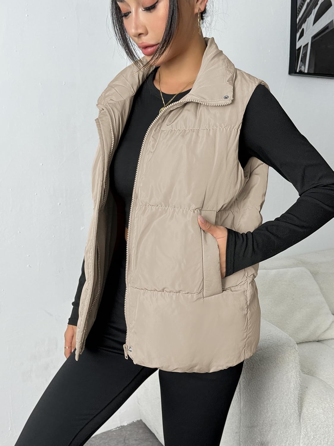 image:imageZeagoo Women Puffer Vest Lightweight Stand Collar Sleeveless Winter Warm Zip Up Padded Outerwear Jackets with Pockets SXXLBeige