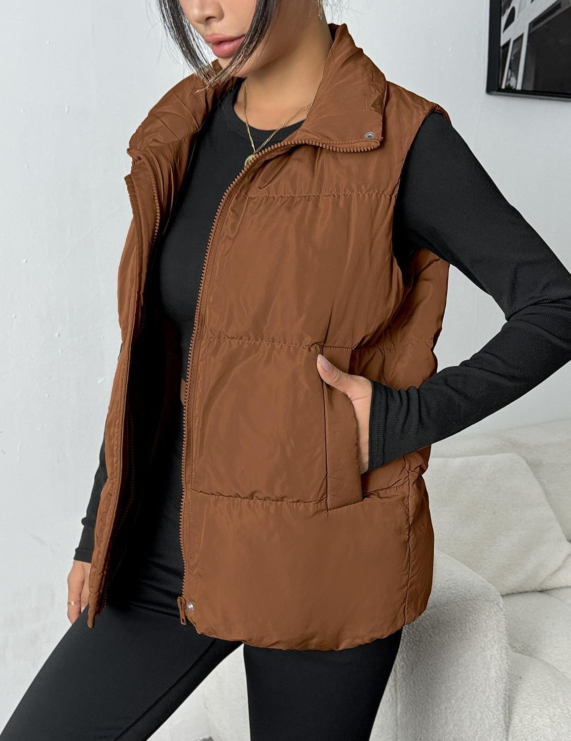 image:imageZeagoo Women Puffer Vest Lightweight Stand Collar Sleeveless Winter Warm Zip Up Padded Outerwear Jackets with Pockets SXXLBrown