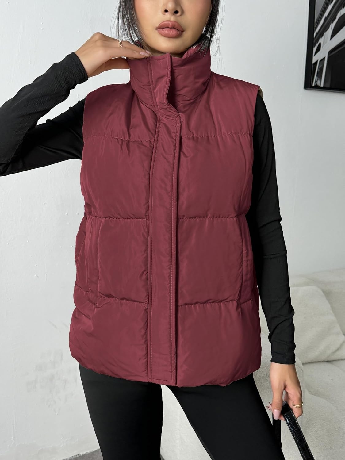 image:imageZeagoo Women Puffer Vest Lightweight Stand Collar Sleeveless Winter Warm Zip Up Padded Outerwear Jackets with Pockets SXXLBurgundy