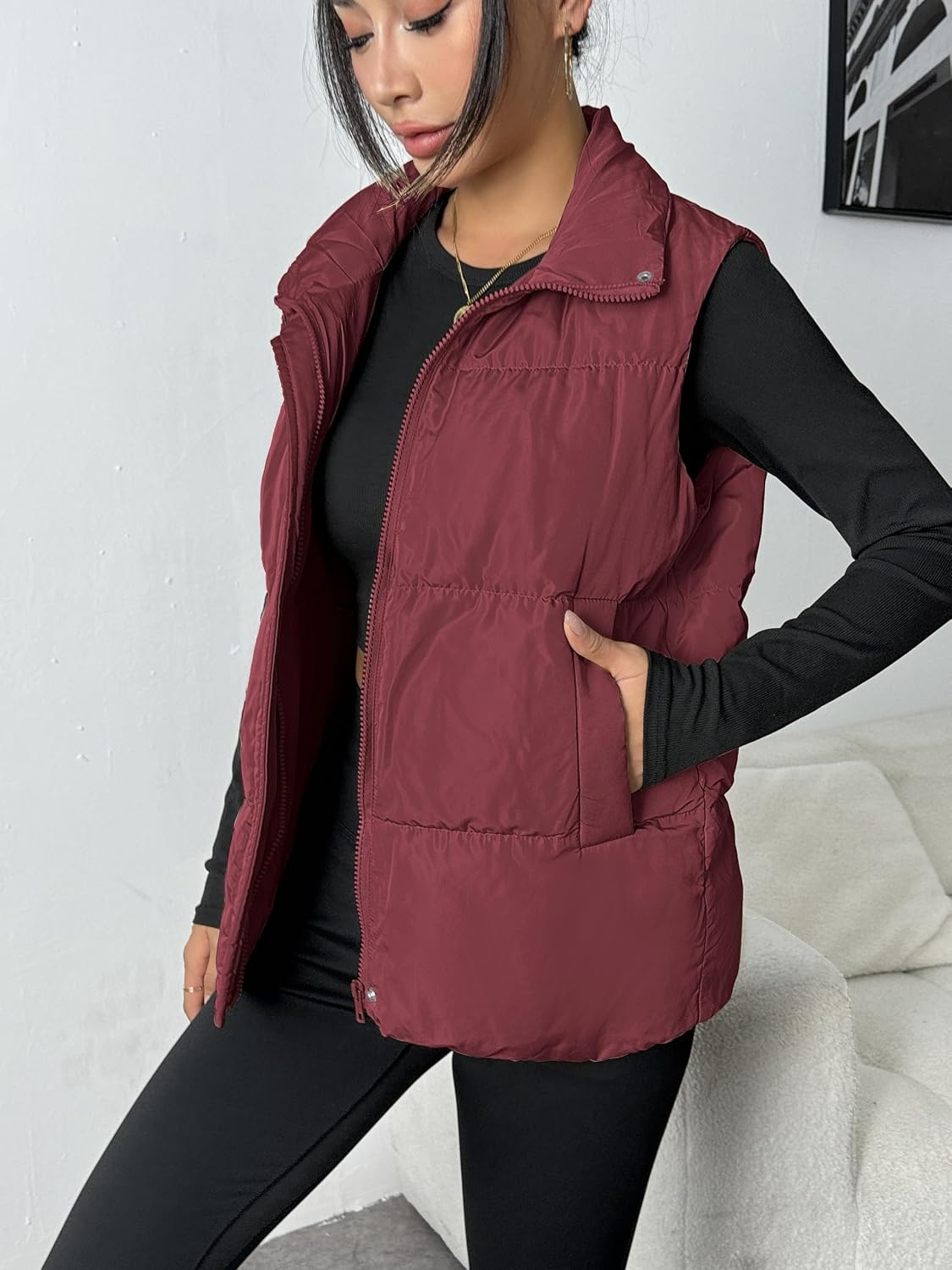 image:imageZeagoo Women Puffer Vest Lightweight Stand Collar Sleeveless Winter Warm Zip Up Padded Outerwear Jackets with Pockets SXXLBurgundy