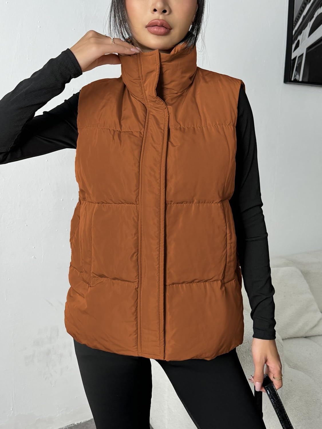 image:imageZeagoo Women Puffer Vest Lightweight Stand Collar Sleeveless Winter Warm Zip Up Padded Outerwear Jackets with Pockets SXXLCamel