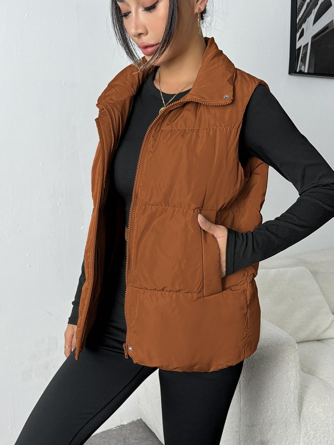 image:imageZeagoo Women Puffer Vest Lightweight Stand Collar Sleeveless Winter Warm Zip Up Padded Outerwear Jackets with Pockets SXXLCamel