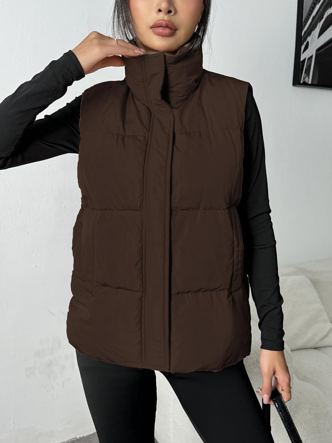 image:imageZeagoo Women Puffer Vest Lightweight Stand Collar Sleeveless Winter Warm Zip Up Padded Outerwear Jackets with Pockets SXXLDark Brown