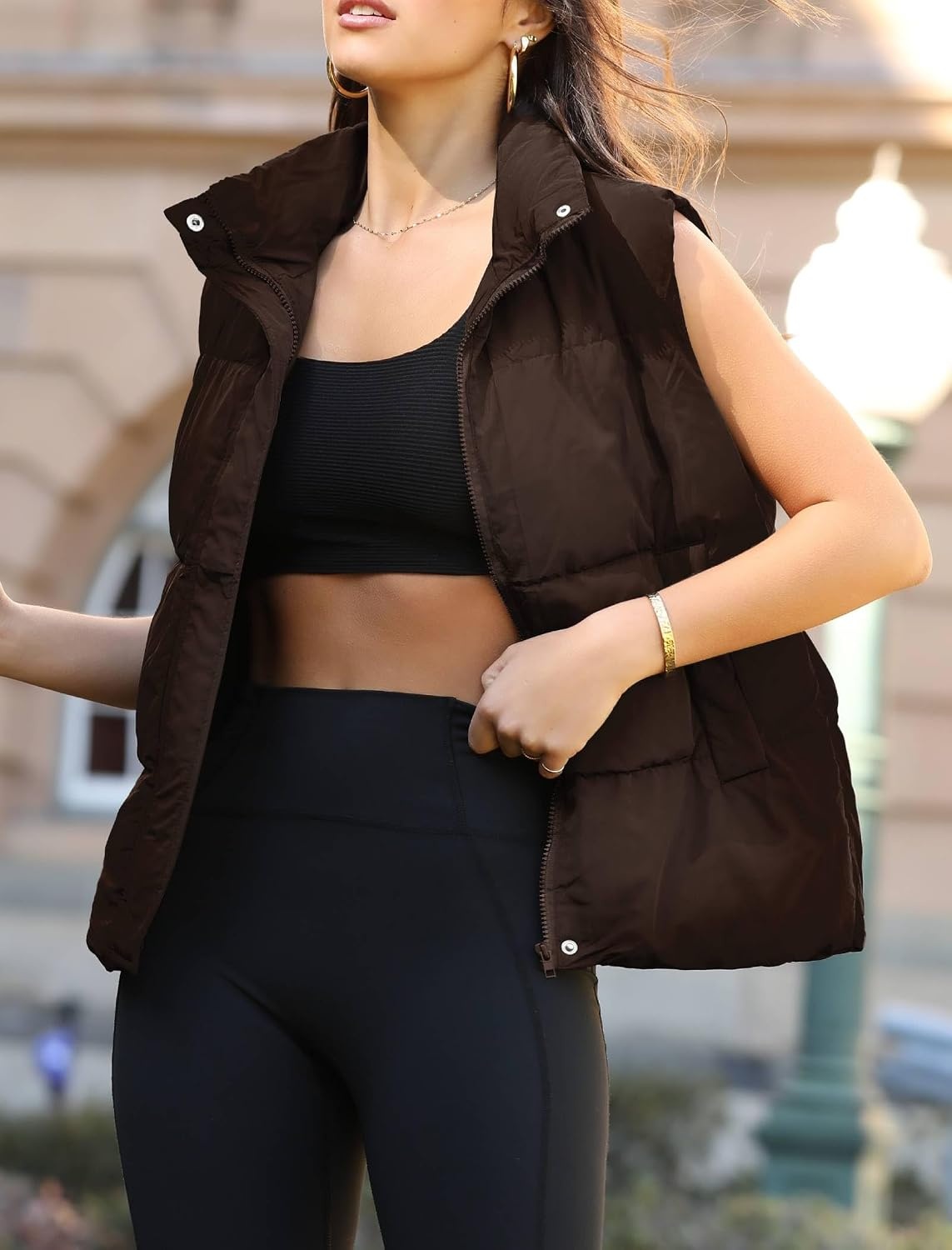 image:imageZeagoo Women Puffer Vest Lightweight Stand Collar Sleeveless Winter Warm Zip Up Padded Outerwear Jackets with Pockets SXXLDark Brown