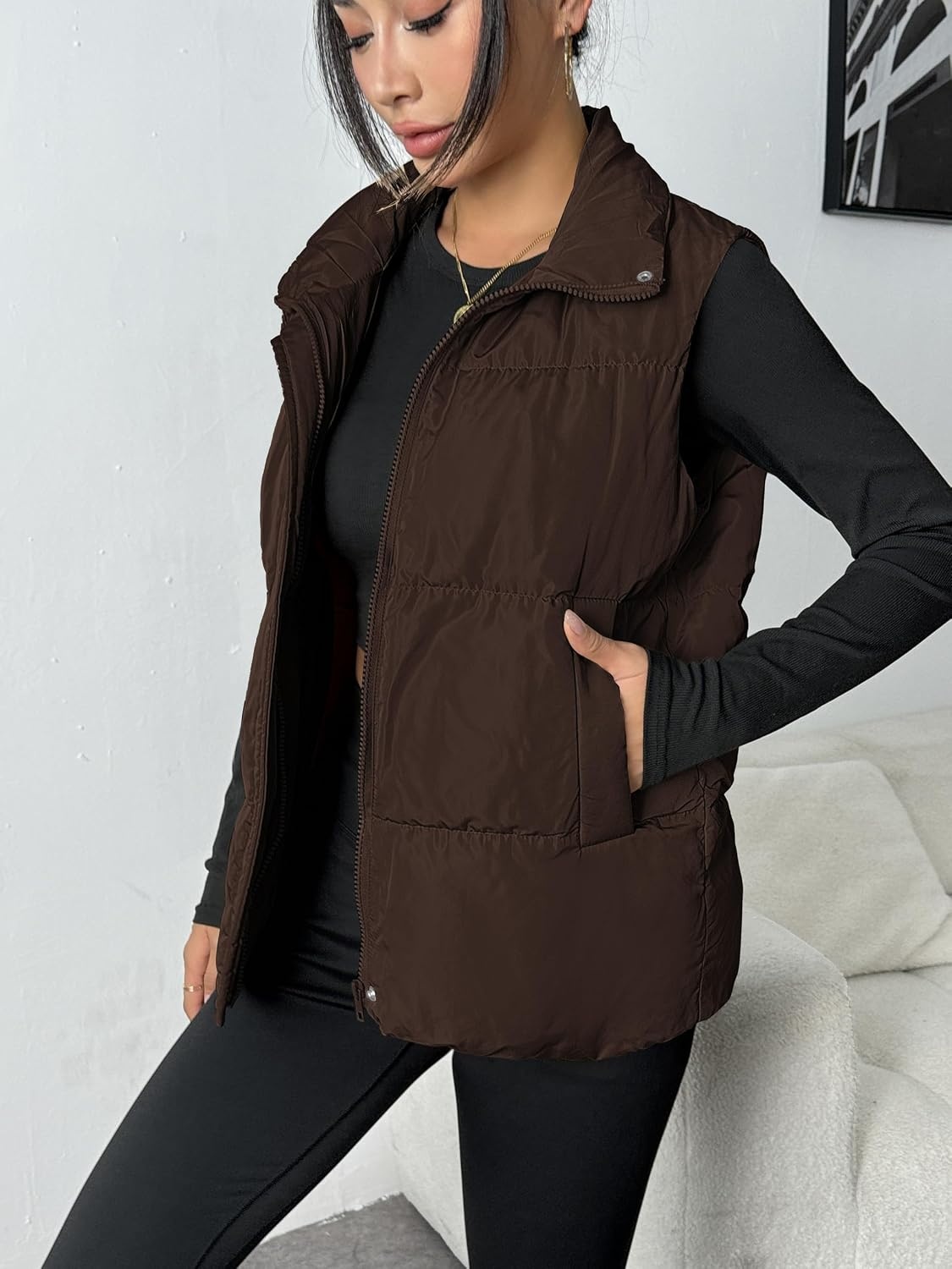 image:imageZeagoo Women Puffer Vest Lightweight Stand Collar Sleeveless Winter Warm Zip Up Padded Outerwear Jackets with Pockets SXXLDark Brown
