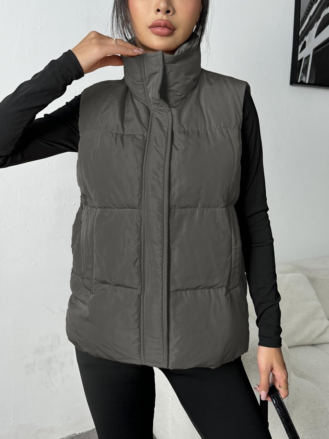 image:imageZeagoo Women Puffer Vest Lightweight Stand Collar Sleeveless Winter Warm Zip Up Padded Outerwear Jackets with Pockets SXXLDark Grey