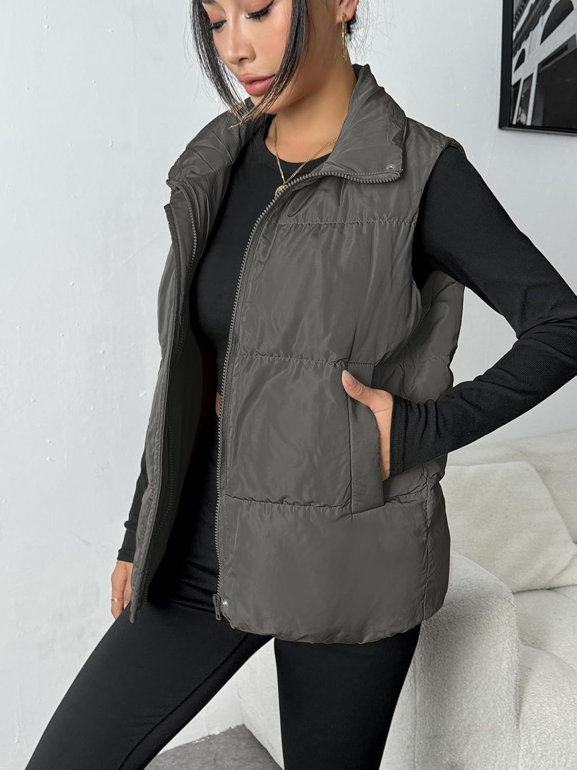 image:imageZeagoo Women Puffer Vest Lightweight Stand Collar Sleeveless Winter Warm Zip Up Padded Outerwear Jackets with Pockets SXXLDark Grey