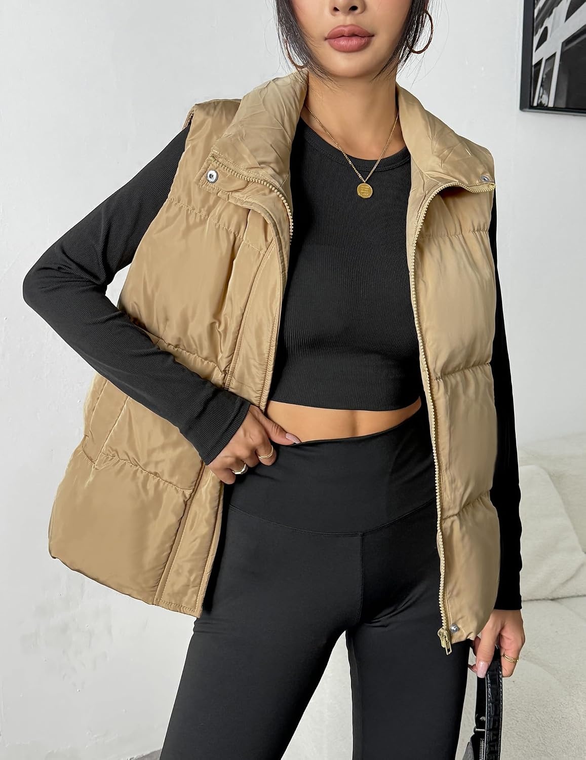 image:imageZeagoo Women Puffer Vest Lightweight Stand Collar Sleeveless Winter Warm Zip Up Padded Outerwear Jackets with Pockets SXXLKhaki