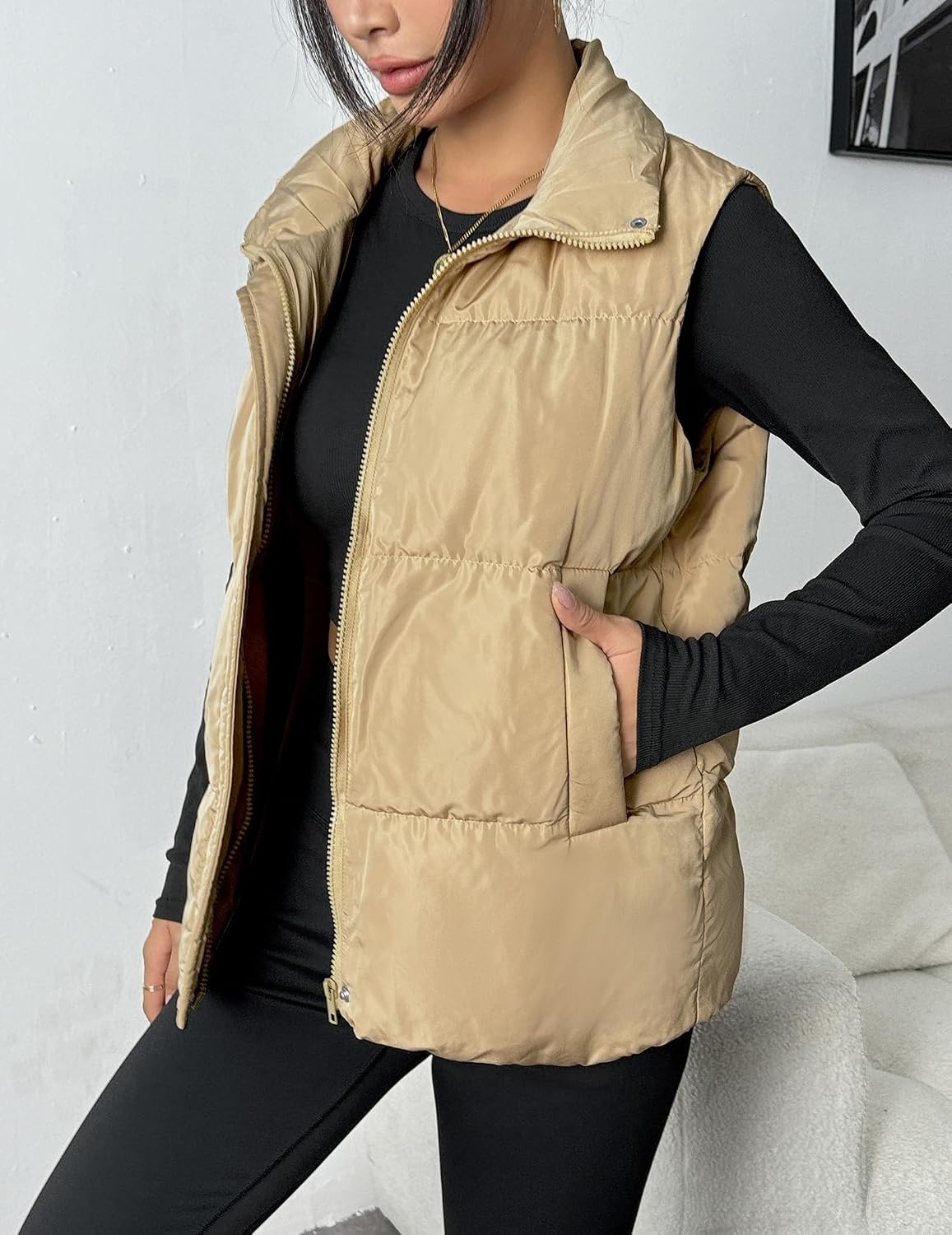 image:imageZeagoo Women Puffer Vest Lightweight Stand Collar Sleeveless Winter Warm Zip Up Padded Outerwear Jackets with Pockets SXXLKhaki