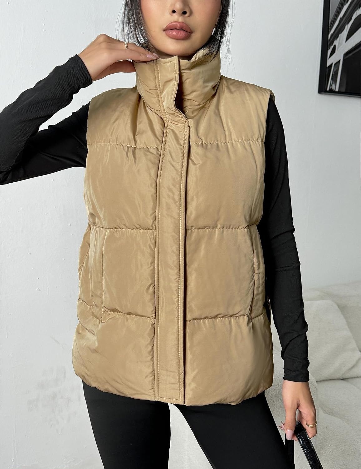 image:imageZeagoo Women Puffer Vest Lightweight Stand Collar Sleeveless Winter Warm Zip Up Padded Outerwear Jackets with Pockets SXXLKhaki