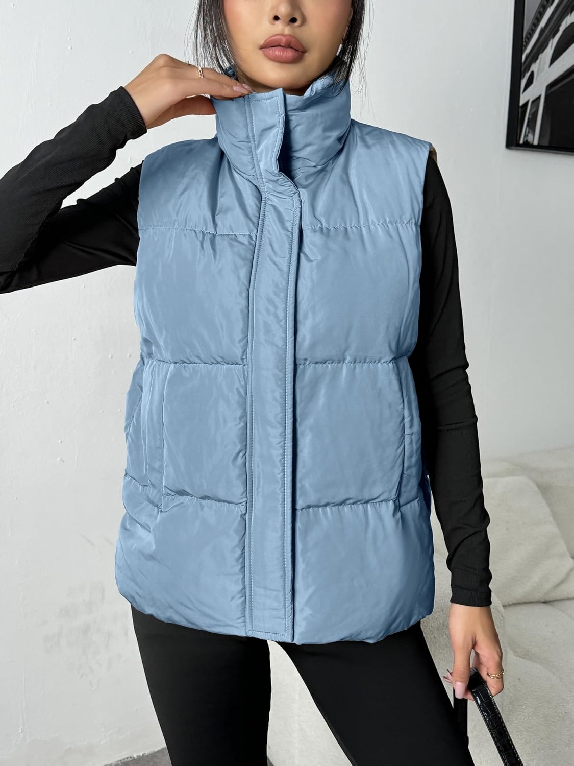 image:imageZeagoo Women Puffer Vest Lightweight Stand Collar Sleeveless Winter Warm Zip Up Padded Outerwear Jackets with Pockets SXXLLight Blue