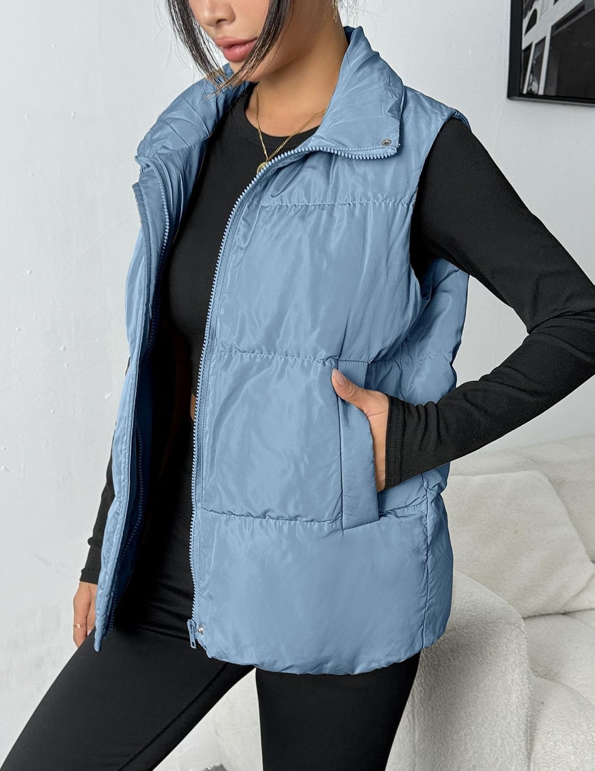 image:imageZeagoo Women Puffer Vest Lightweight Stand Collar Sleeveless Winter Warm Zip Up Padded Outerwear Jackets with Pockets SXXLLight Blue