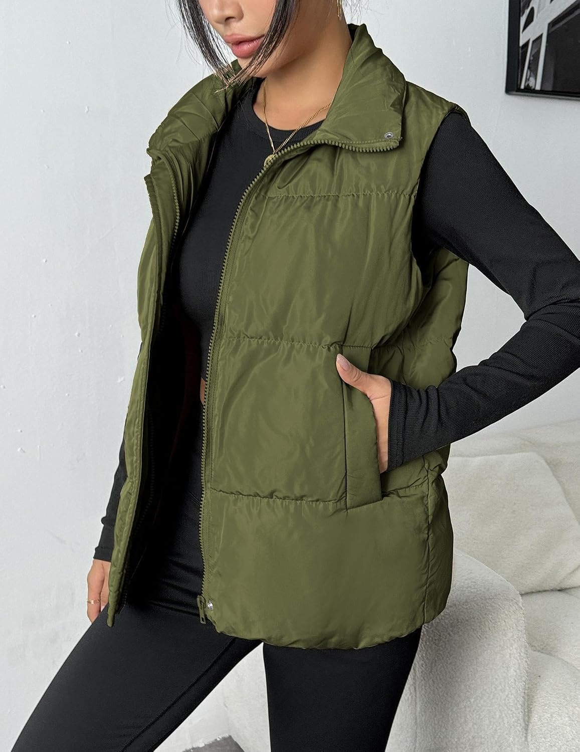 image:imageZeagoo Women Puffer Vest Lightweight Stand Collar Sleeveless Winter Warm Zip Up Padded Outerwear Jackets with Pockets SXXLOlive