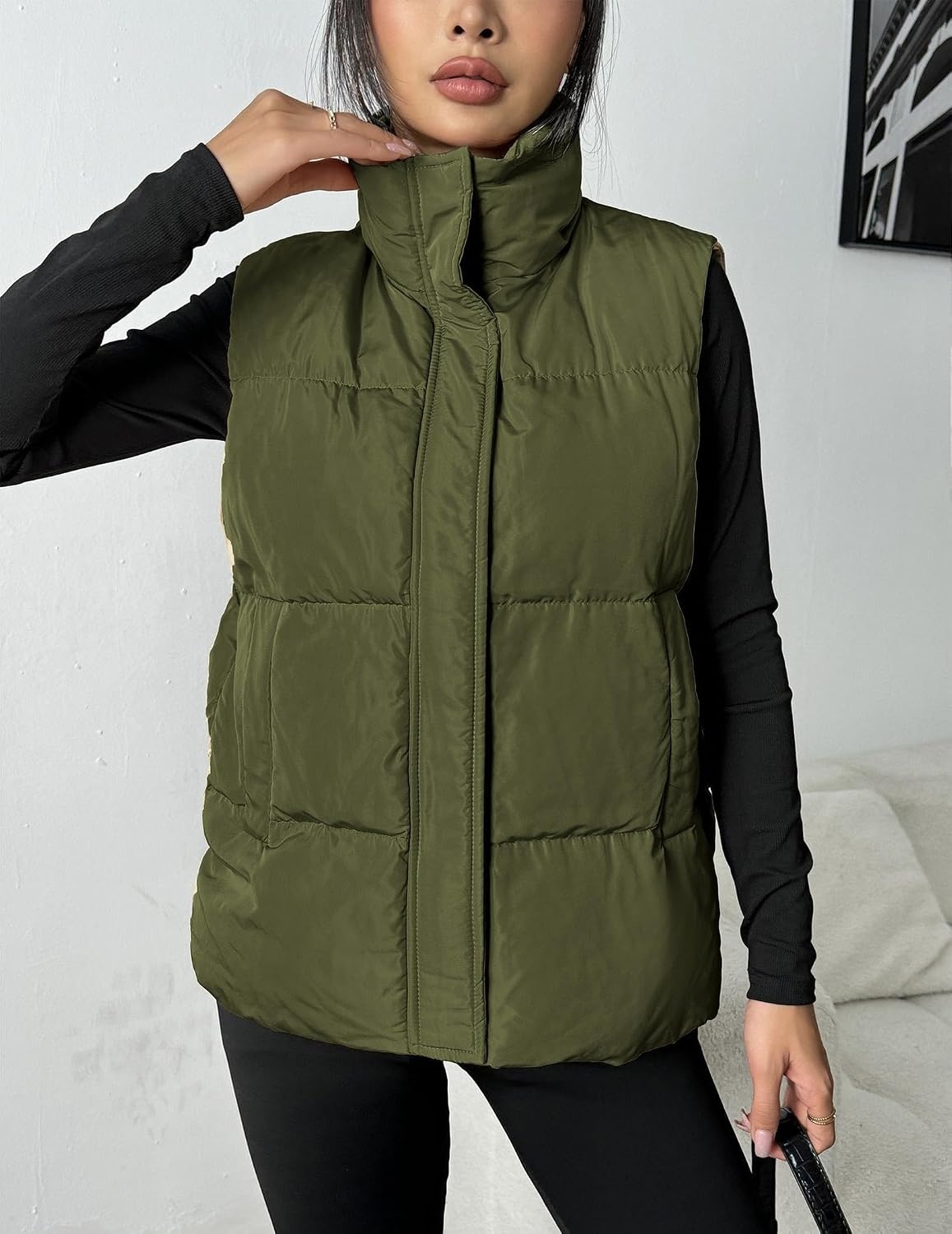image:imageZeagoo Women Puffer Vest Lightweight Stand Collar Sleeveless Winter Warm Zip Up Padded Outerwear Jackets with Pockets SXXLOlive
