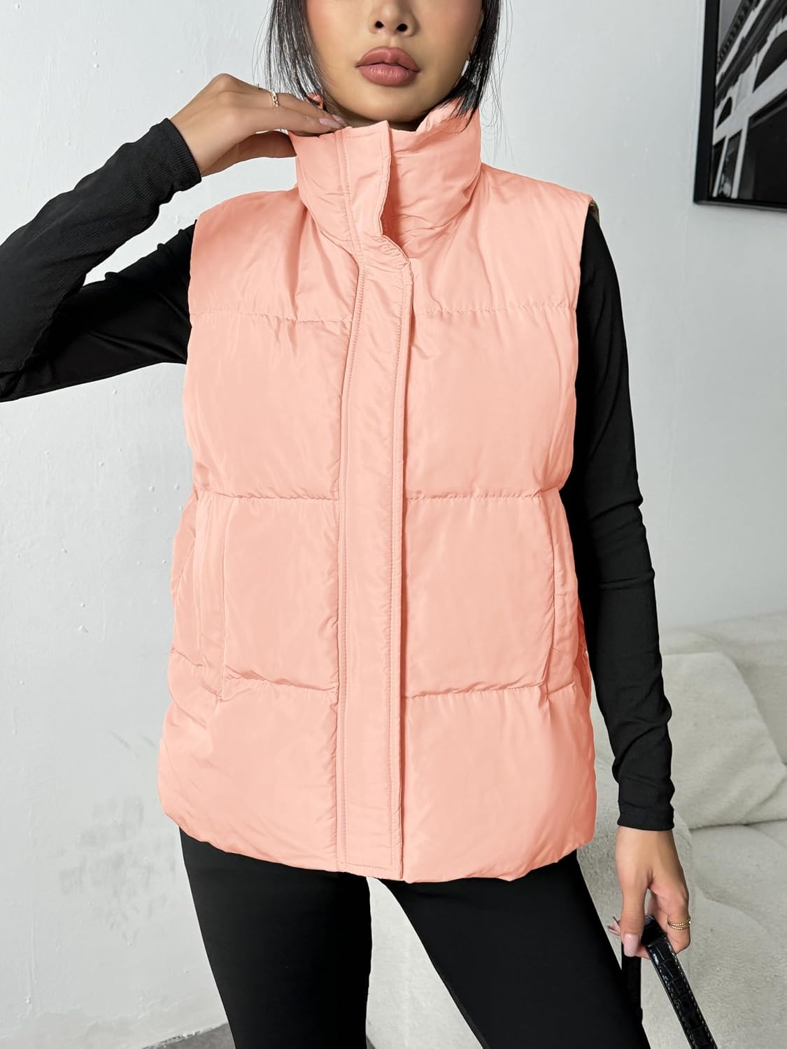 image:imageZeagoo Women Puffer Vest Lightweight Stand Collar Sleeveless Winter Warm Zip Up Padded Outerwear Jackets with Pockets SXXLPink