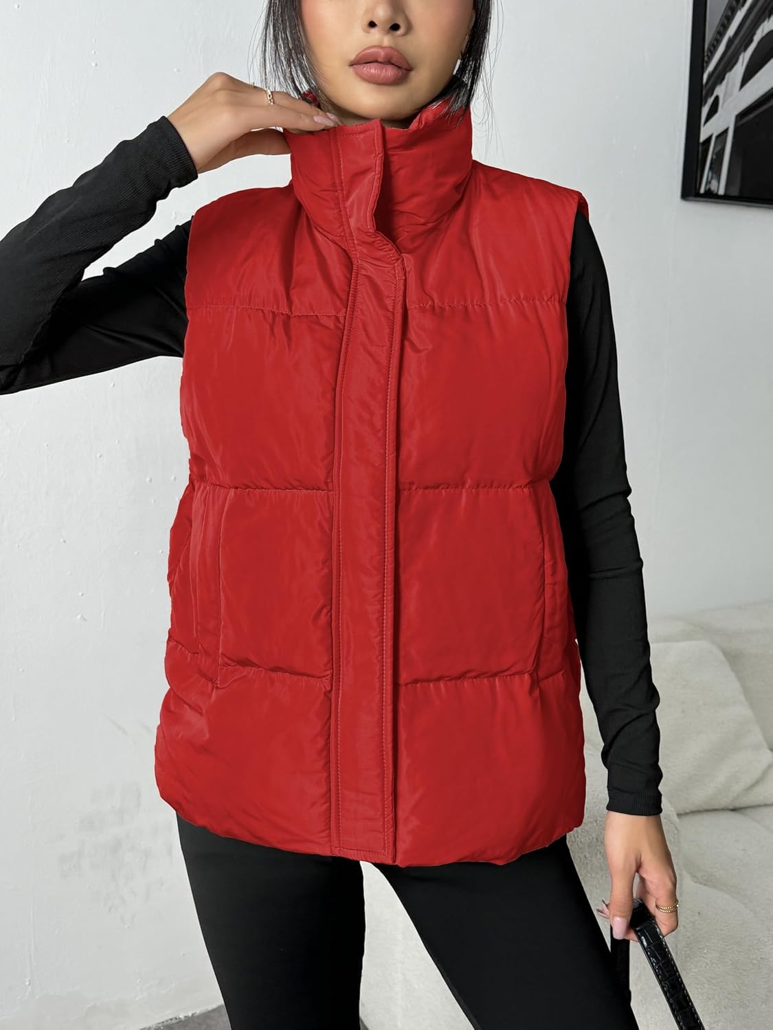 image:imageZeagoo Women Puffer Vest Lightweight Stand Collar Sleeveless Winter Warm Zip Up Padded Outerwear Jackets with Pockets SXXLRed