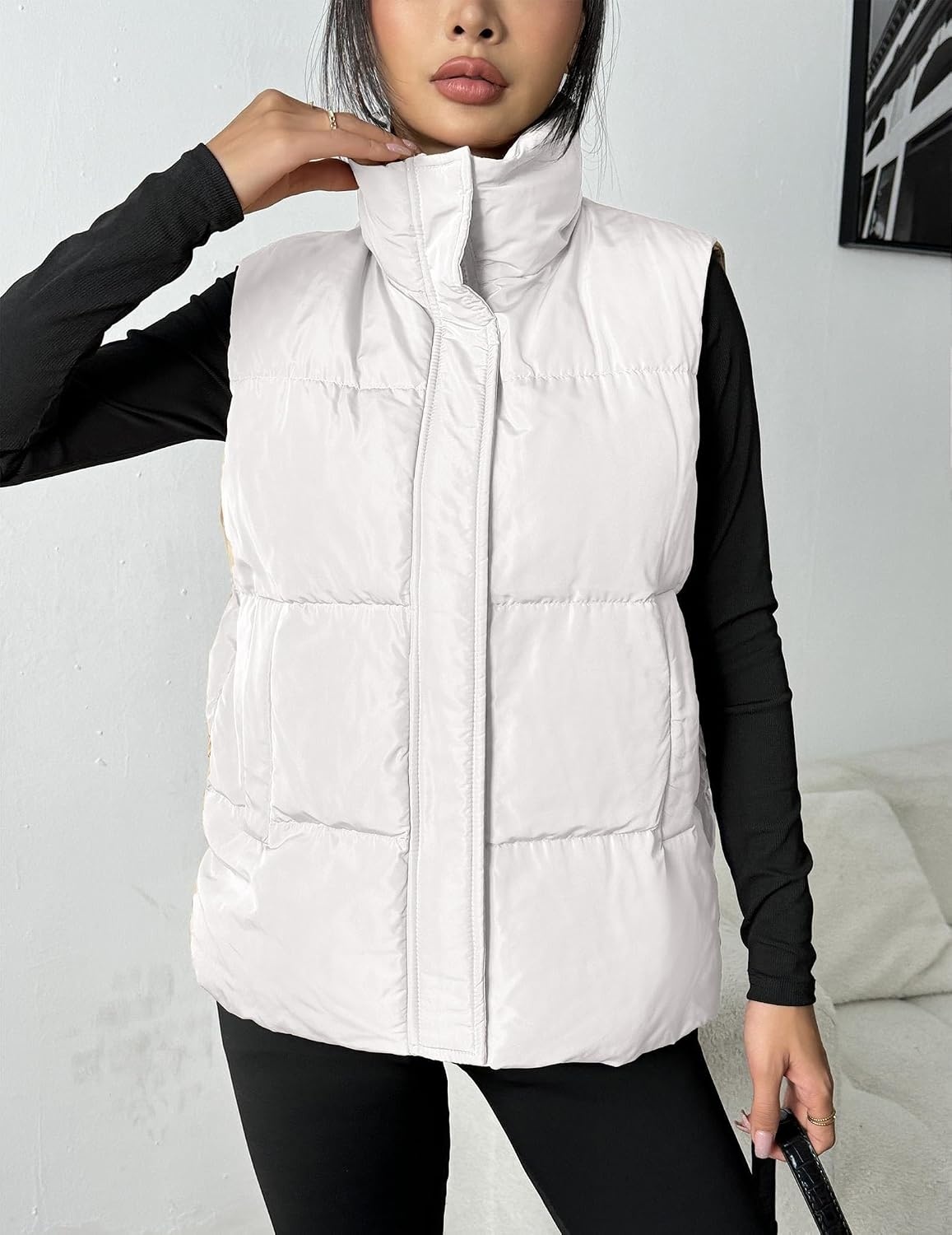 image:imageZeagoo Women Puffer Vest Lightweight Stand Collar Sleeveless Winter Warm Zip Up Padded Outerwear Jackets with Pockets SXXLWhite