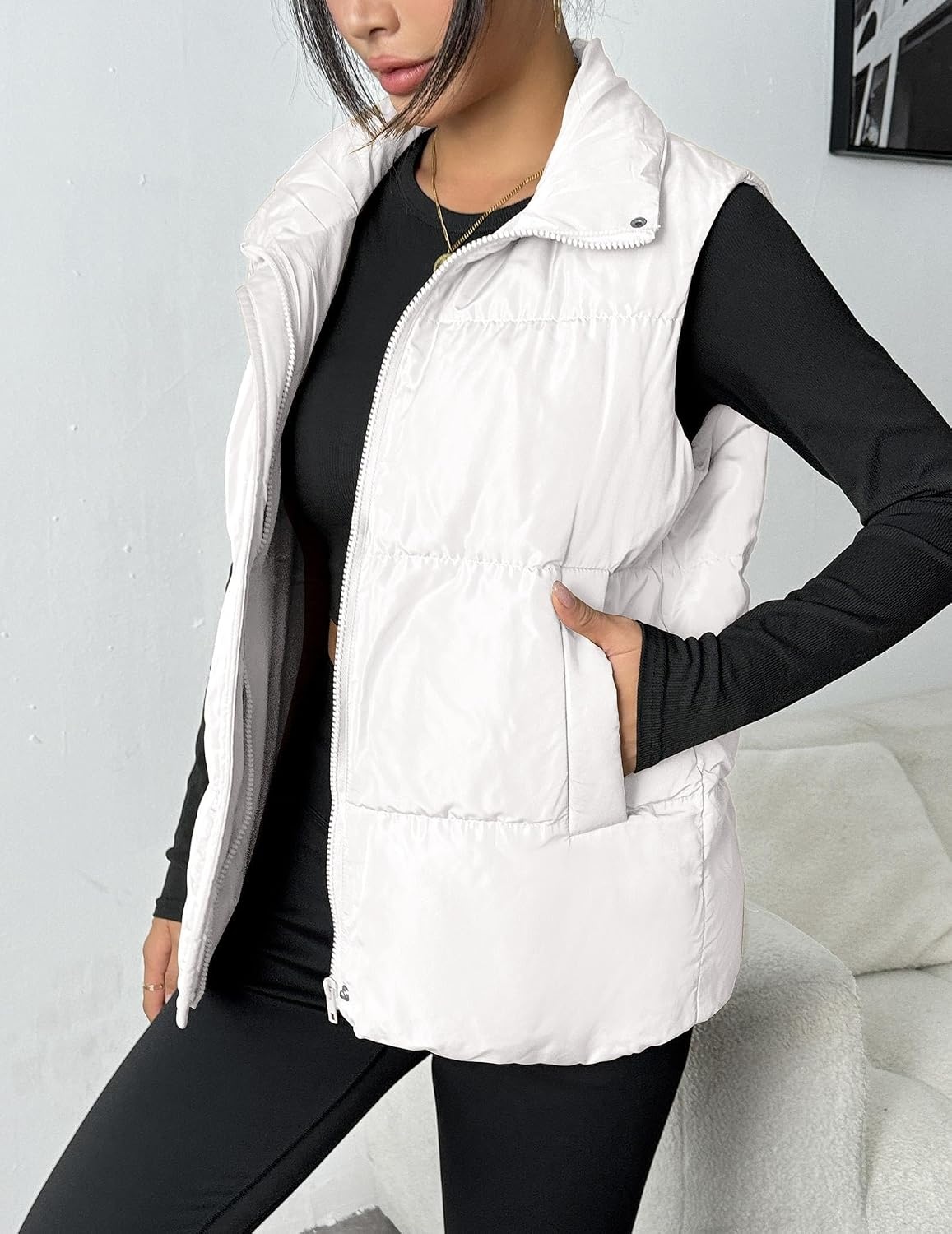 image:imageZeagoo Women Puffer Vest Lightweight Stand Collar Sleeveless Winter Warm Zip Up Padded Outerwear Jackets with Pockets SXXLWhite