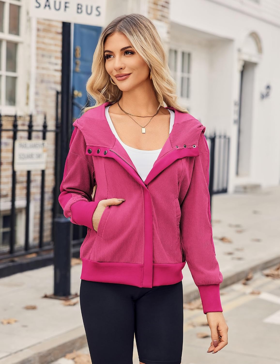 image:imageZeagoo Womens Corduroy Knit Hoodies Zip Up Shirt Jacket Slouchy Short Jackets Casual Long Sleeve Shackets