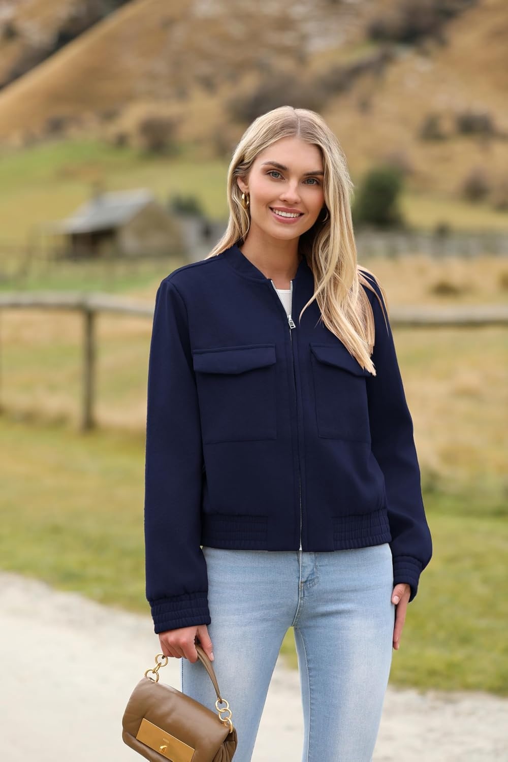 image:imageZeagoo Womens Cropped Jacket Stand Collar Long Sleeve Zip Up Shackets Bomber Jacket Coats with PocketsNavy Blue