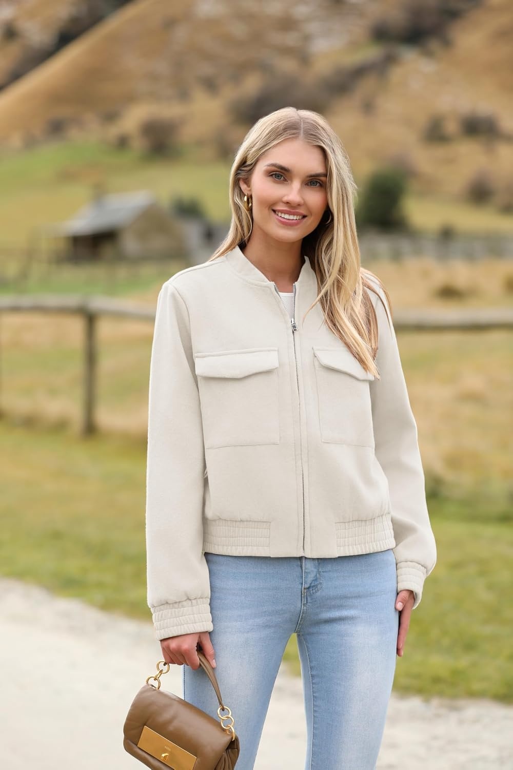 image:imageZeagoo Womens Cropped Jacket Stand Collar Long Sleeve Zip Up Shackets Bomber Jacket Coats with PocketsWhite