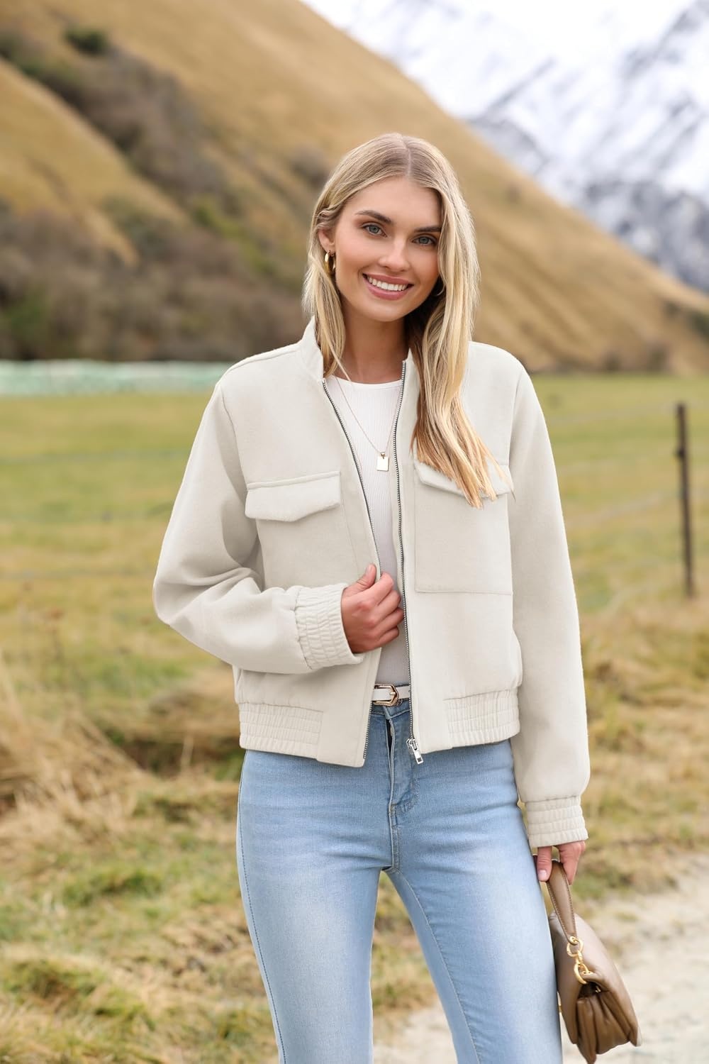 image:imageZeagoo Womens Cropped Jacket Stand Collar Long Sleeve Zip Up Shackets Bomber Jacket Coats with PocketsWhite
