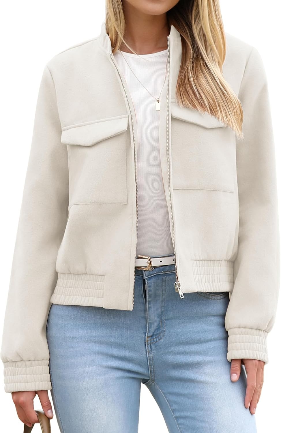 image:imageZeagoo Womens Cropped Jacket Stand Collar Long Sleeve Zip Up Shackets Bomber Jacket Coats with PocketsWhite