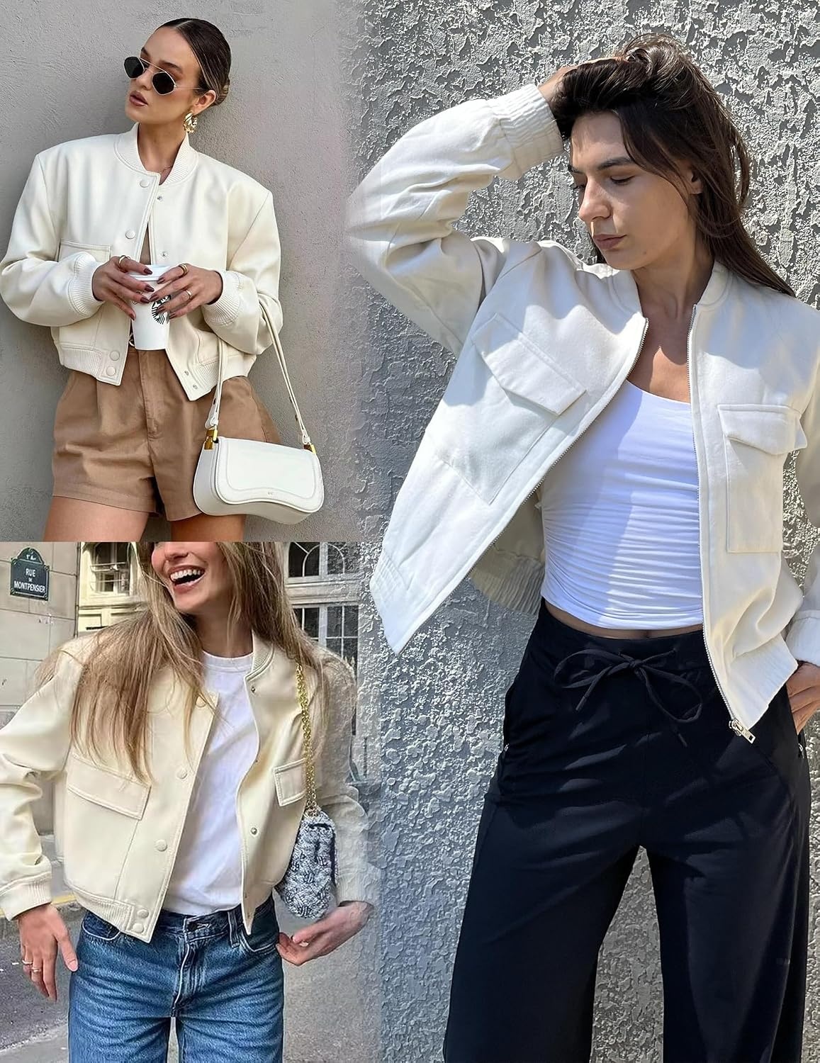 image:imageZeagoo Womens Cropped Jacket Stand Collar Long Sleeve Zip Up Shackets Bomber Jacket Coats with PocketsWhite