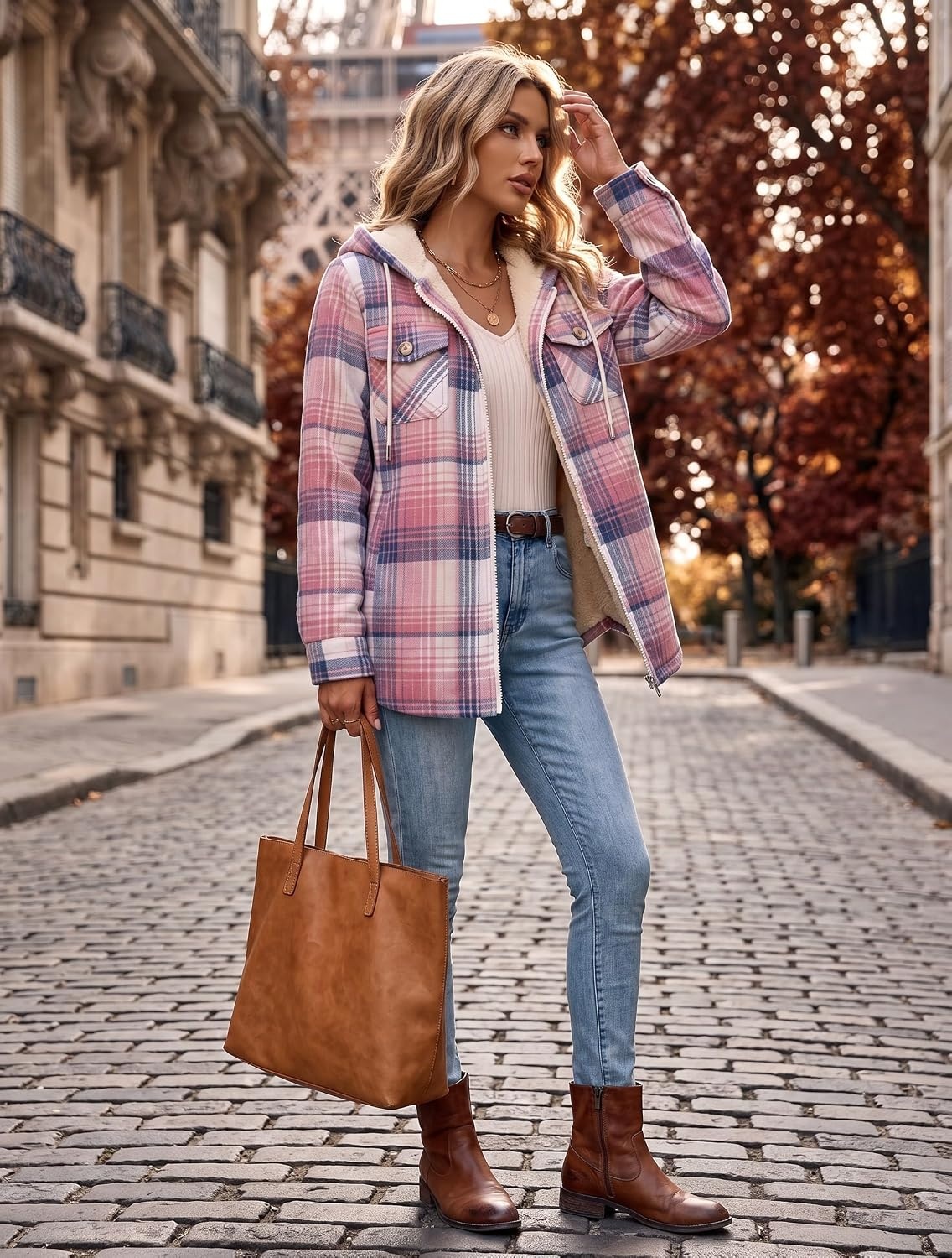 image:imageZeagoo Womens Flannel Jacket Plaid Fleece Lined Shacket Hooded Winter Coats1pink Gz877