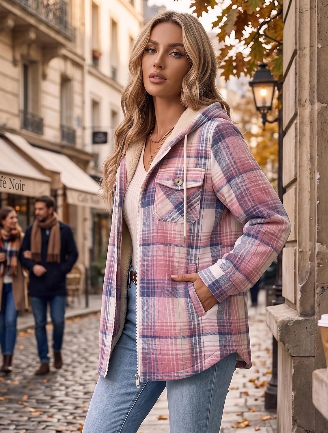 image:imageZeagoo Womens Flannel Jacket Plaid Fleece Lined Shacket Hooded Winter Coats1pink Gz877