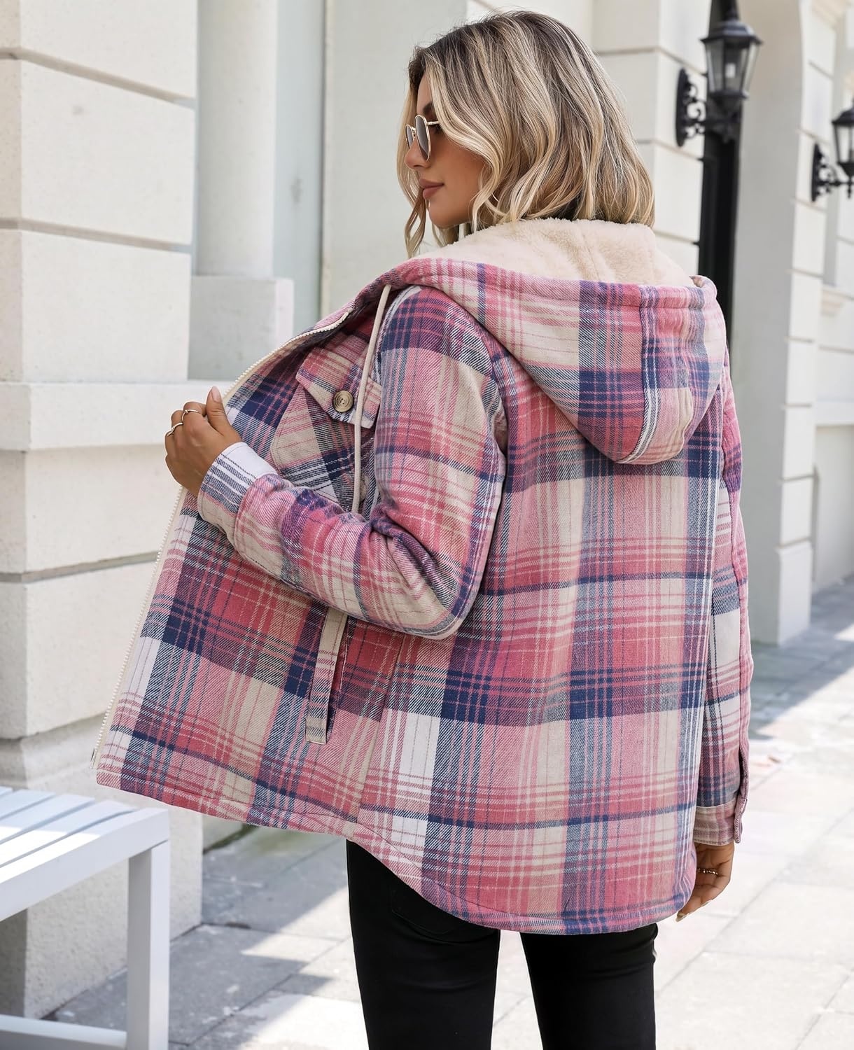 image:imageZeagoo Womens Flannel Jacket Plaid Fleece Lined Shacket Hooded Winter Coats1pink Gz877