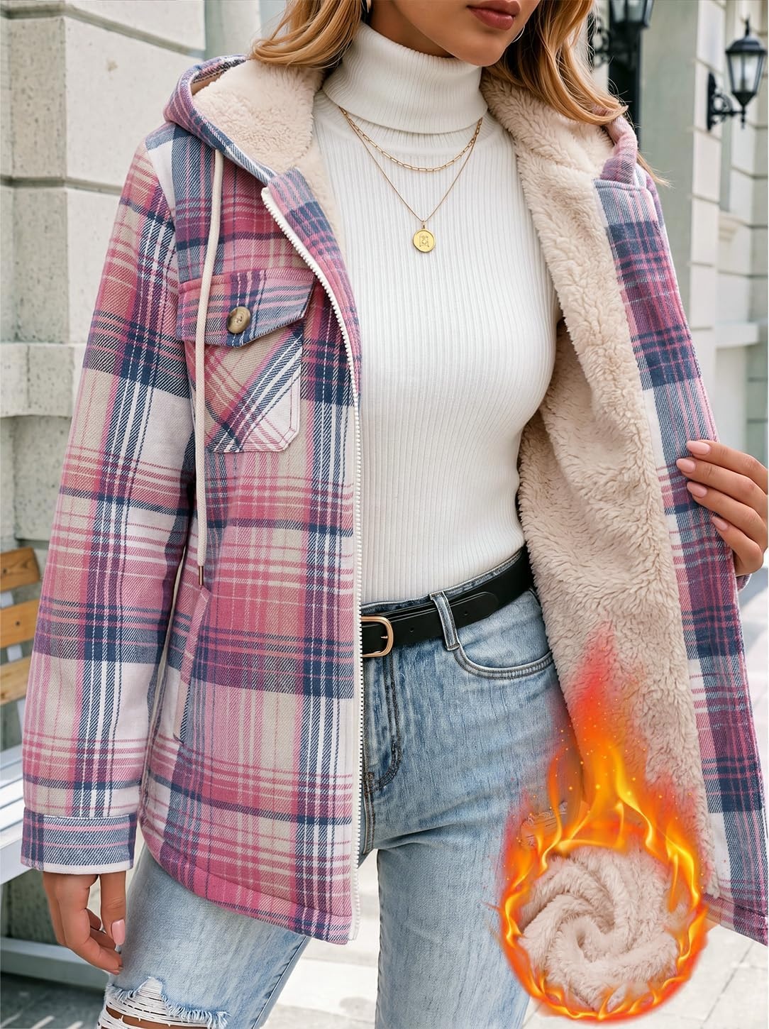 image:imageZeagoo Womens Flannel Jacket Plaid Fleece Lined Shacket Hooded Winter Coats1pink Gz877