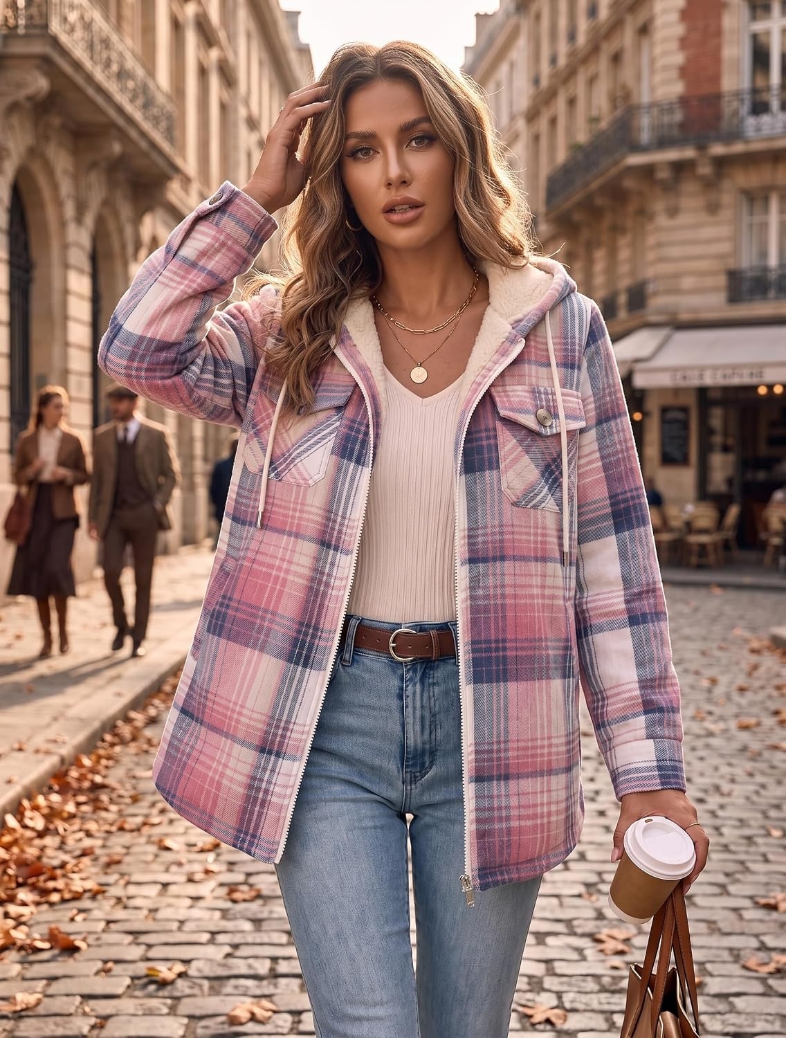 image:imageZeagoo Womens Flannel Jacket Plaid Fleece Lined Shacket Hooded Winter Coats1pink Gz877