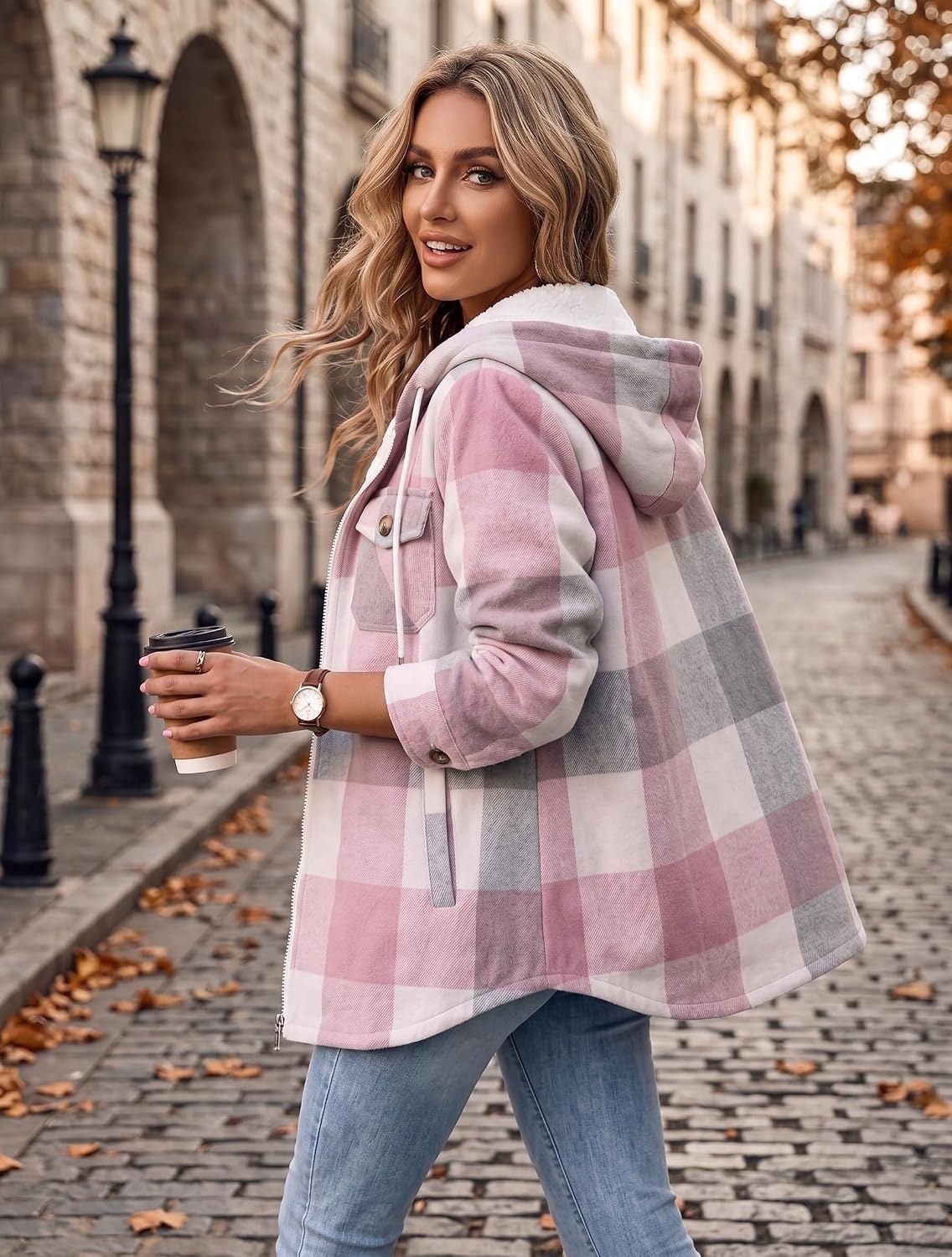 image:imageZeagoo Womens Flannel Jacket Plaid Fleece Lined Shacket Hooded Winter Coats2pink Gz695
