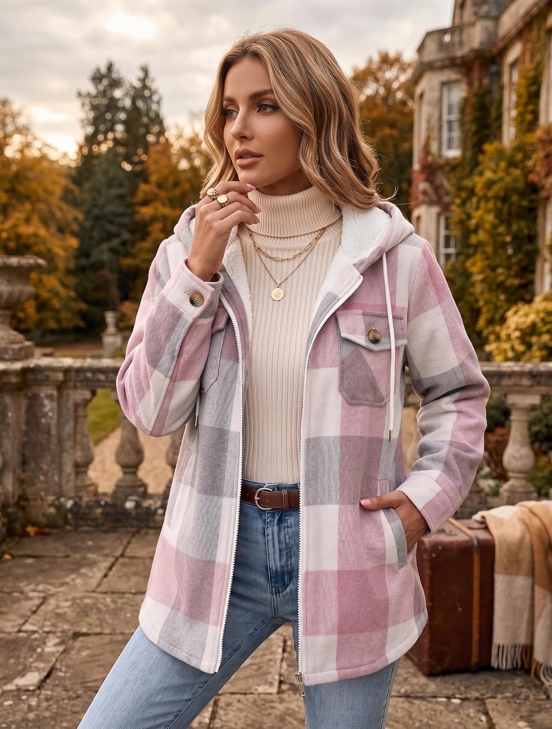 image:imageZeagoo Womens Flannel Jacket Plaid Fleece Lined Shacket Hooded Winter Coats2pink Gz695