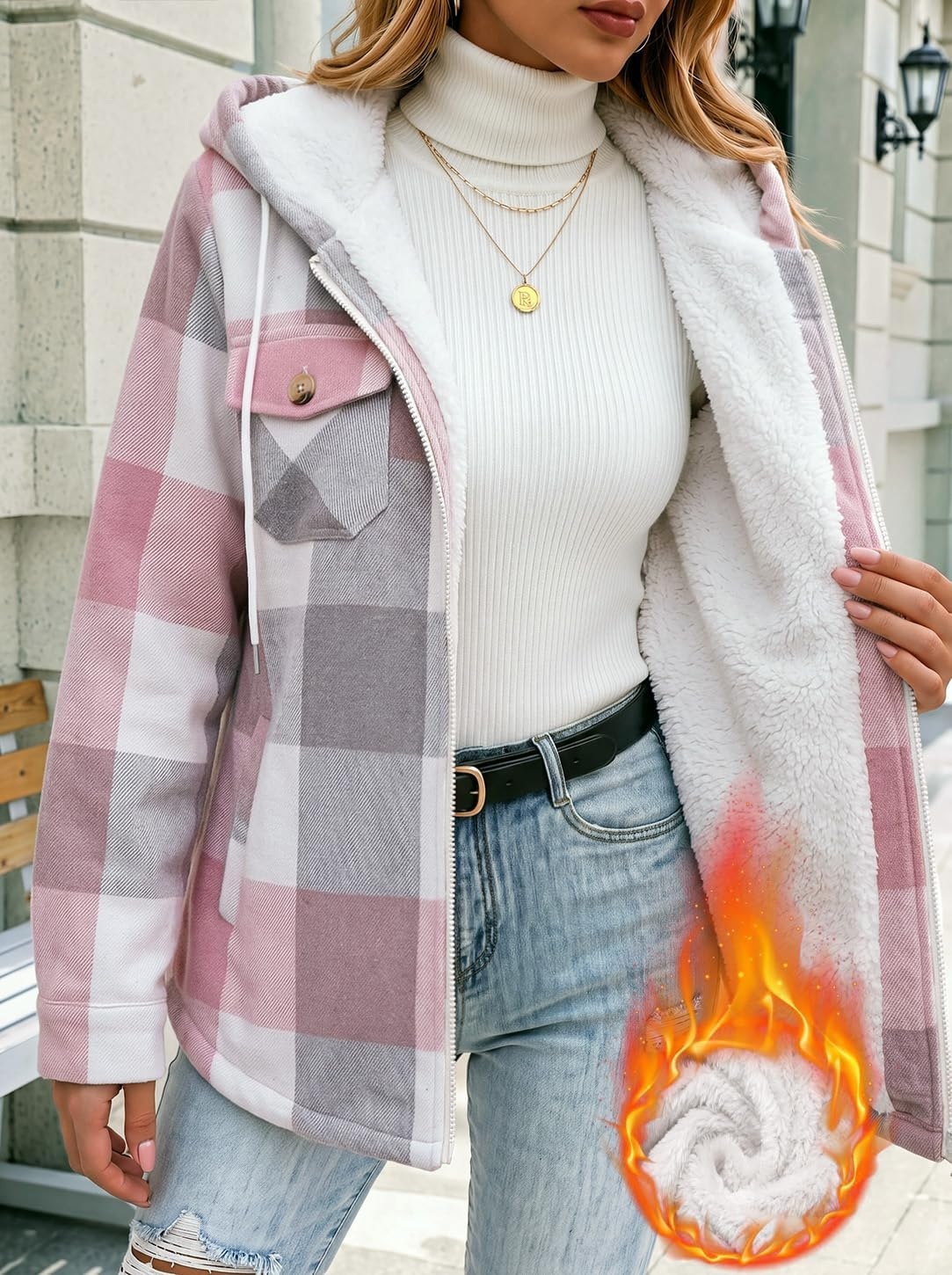 image:imageZeagoo Womens Flannel Jacket Plaid Fleece Lined Shacket Hooded Winter Coats2pink Gz695