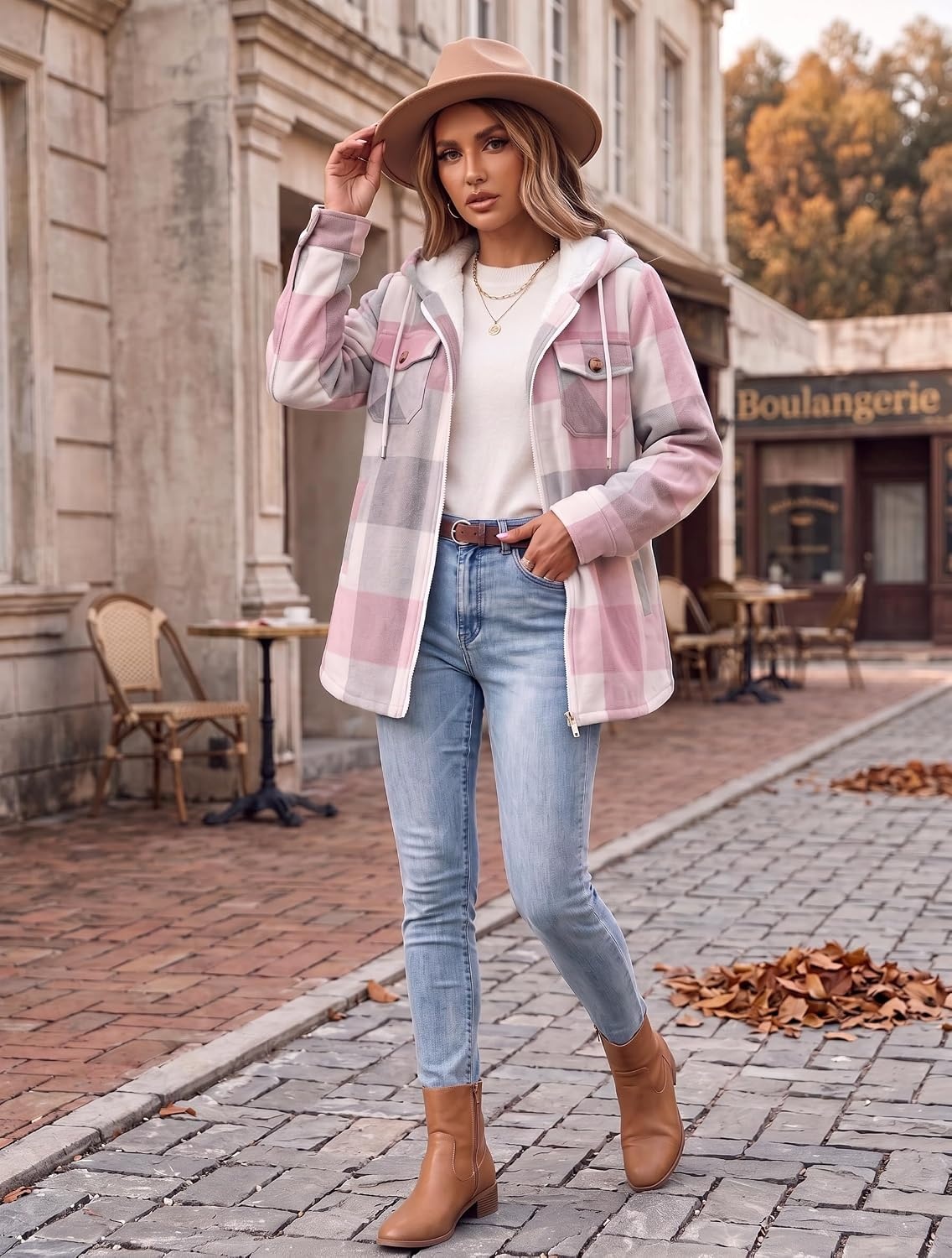 image:imageZeagoo Womens Flannel Jacket Plaid Fleece Lined Shacket Hooded Winter Coats2pink Gz695