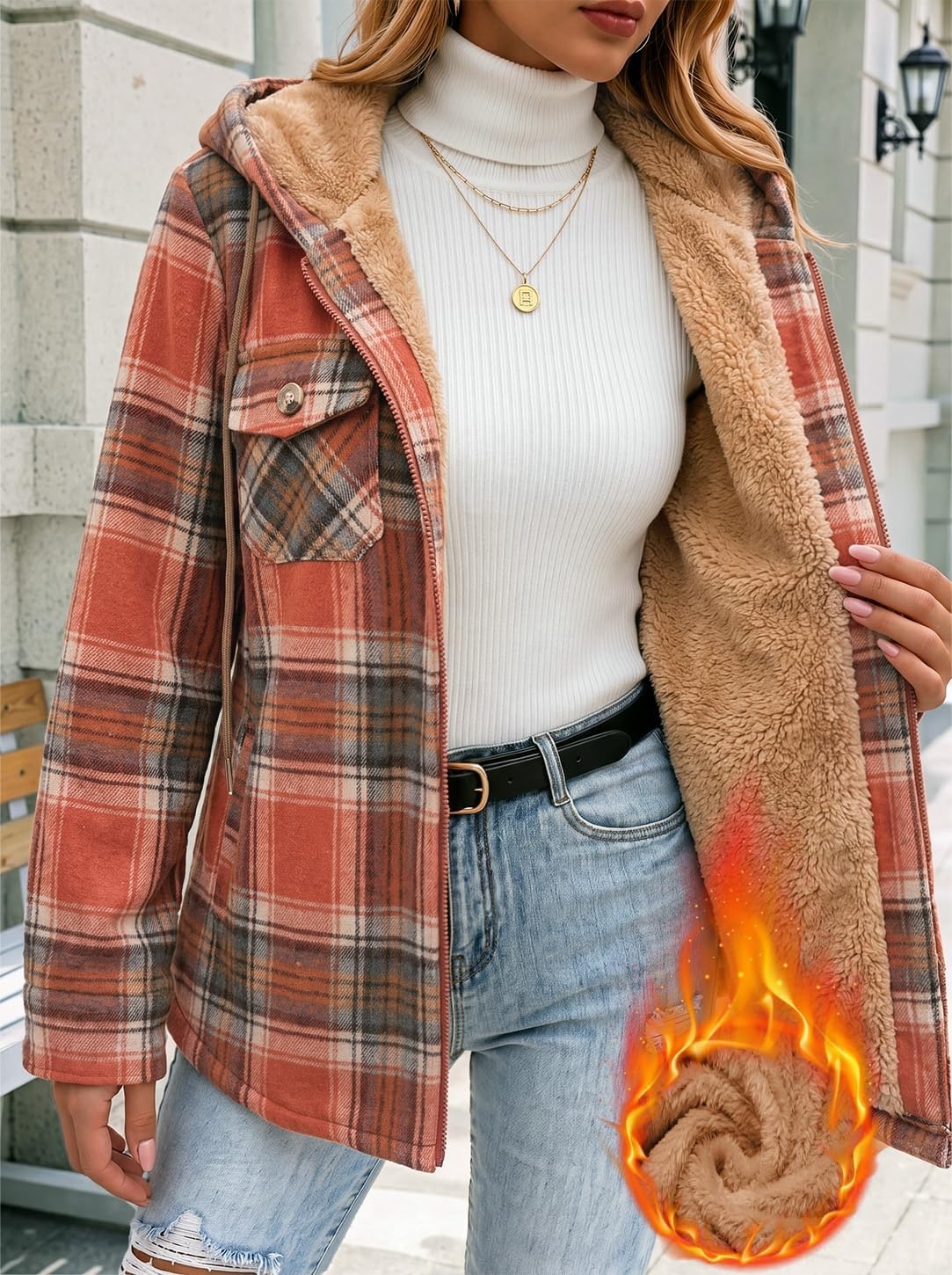 image:imageZeagoo Womens Flannel Jacket Plaid Fleece Lined Shacket Hooded Winter Coats3orange Gz867