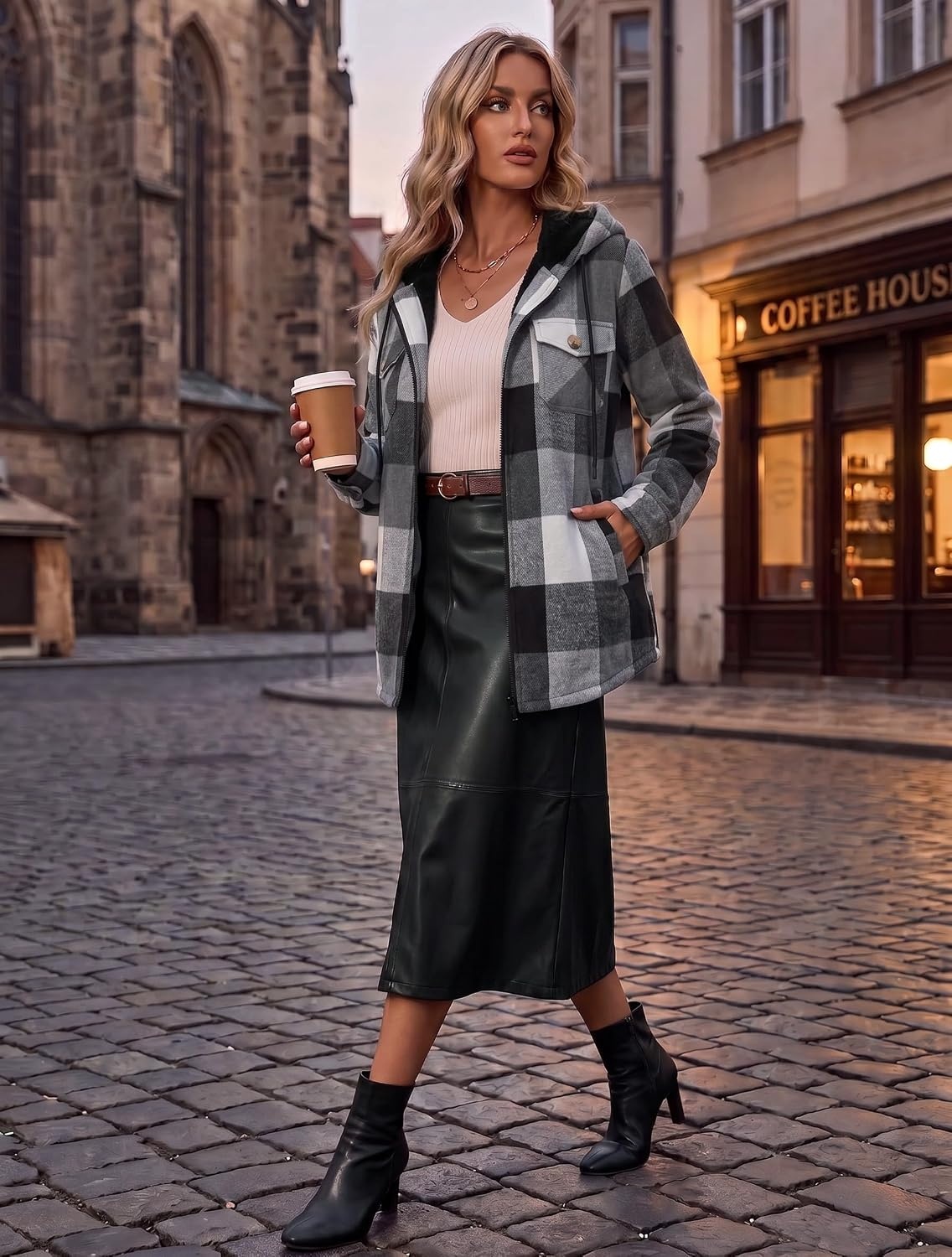 image:imageZeagoo Womens Flannel Jacket Plaid Fleece Lined Shacket Hooded Winter CoatsBlack Gw39