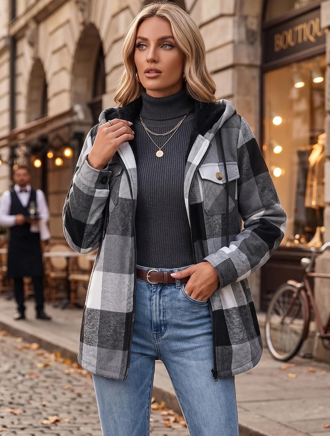 image:imageZeagoo Womens Flannel Jacket Plaid Fleece Lined Shacket Hooded Winter CoatsBlack Gw39