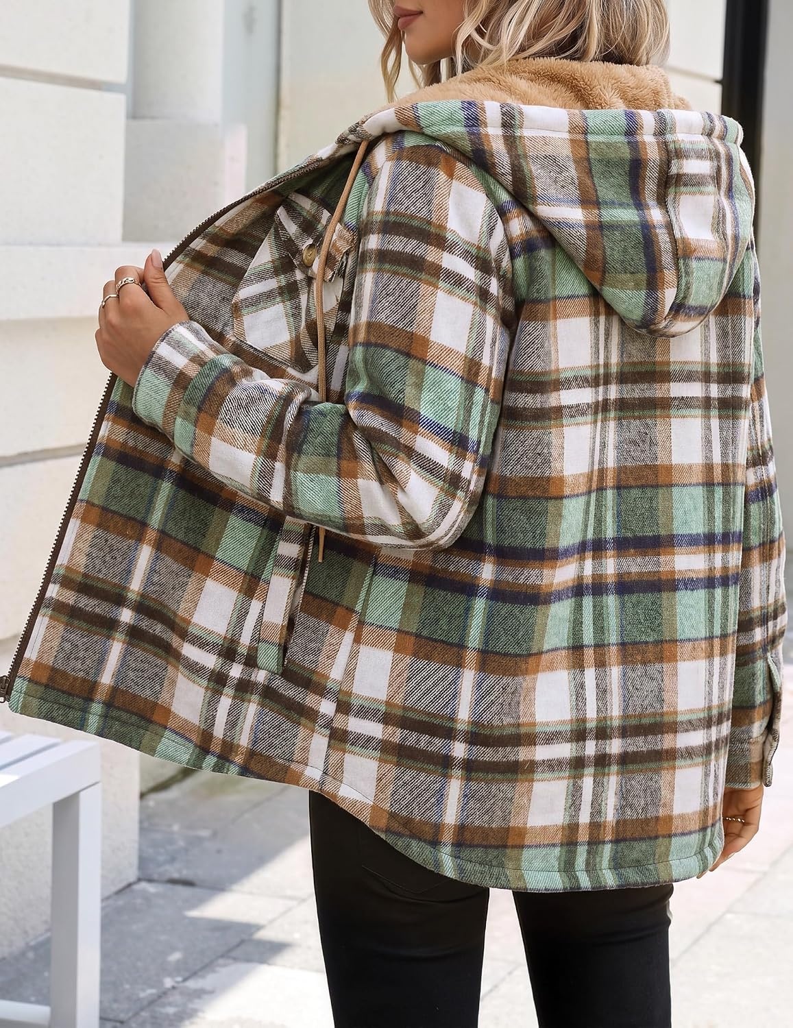 image:imageZeagoo Womens Flannel Jacket Plaid Fleece Lined Shacket Hooded Winter CoatsGreen Gz552