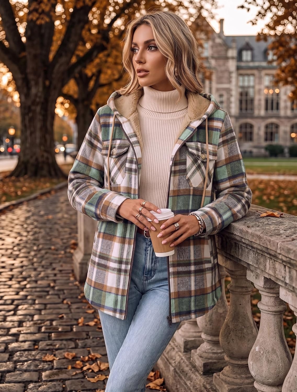 image:imageZeagoo Womens Flannel Jacket Plaid Fleece Lined Shacket Hooded Winter CoatsGreen Gz552