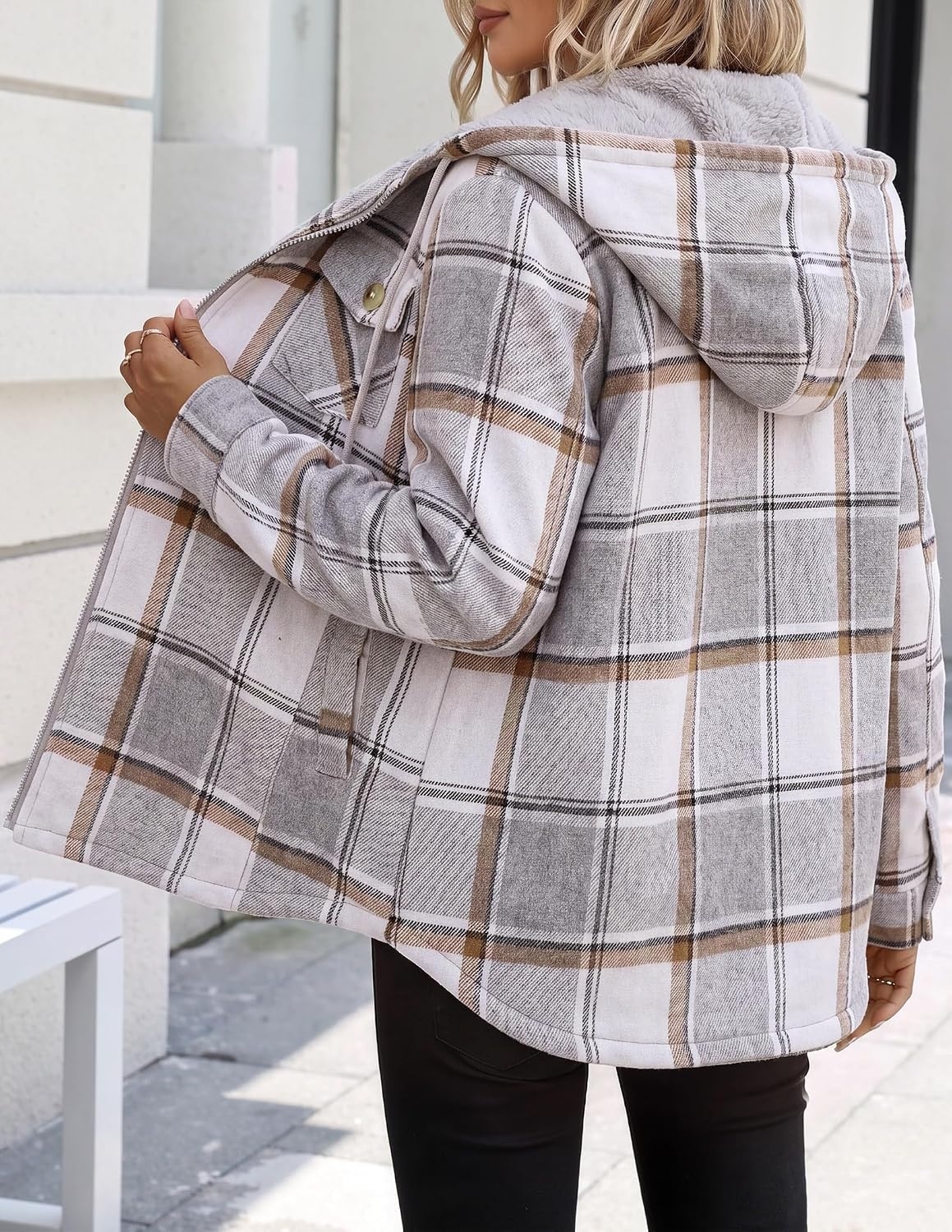 image:imageZeagoo Womens Flannel Jacket Plaid Fleece Lined Shacket Hooded Winter CoatsGrey Gw568