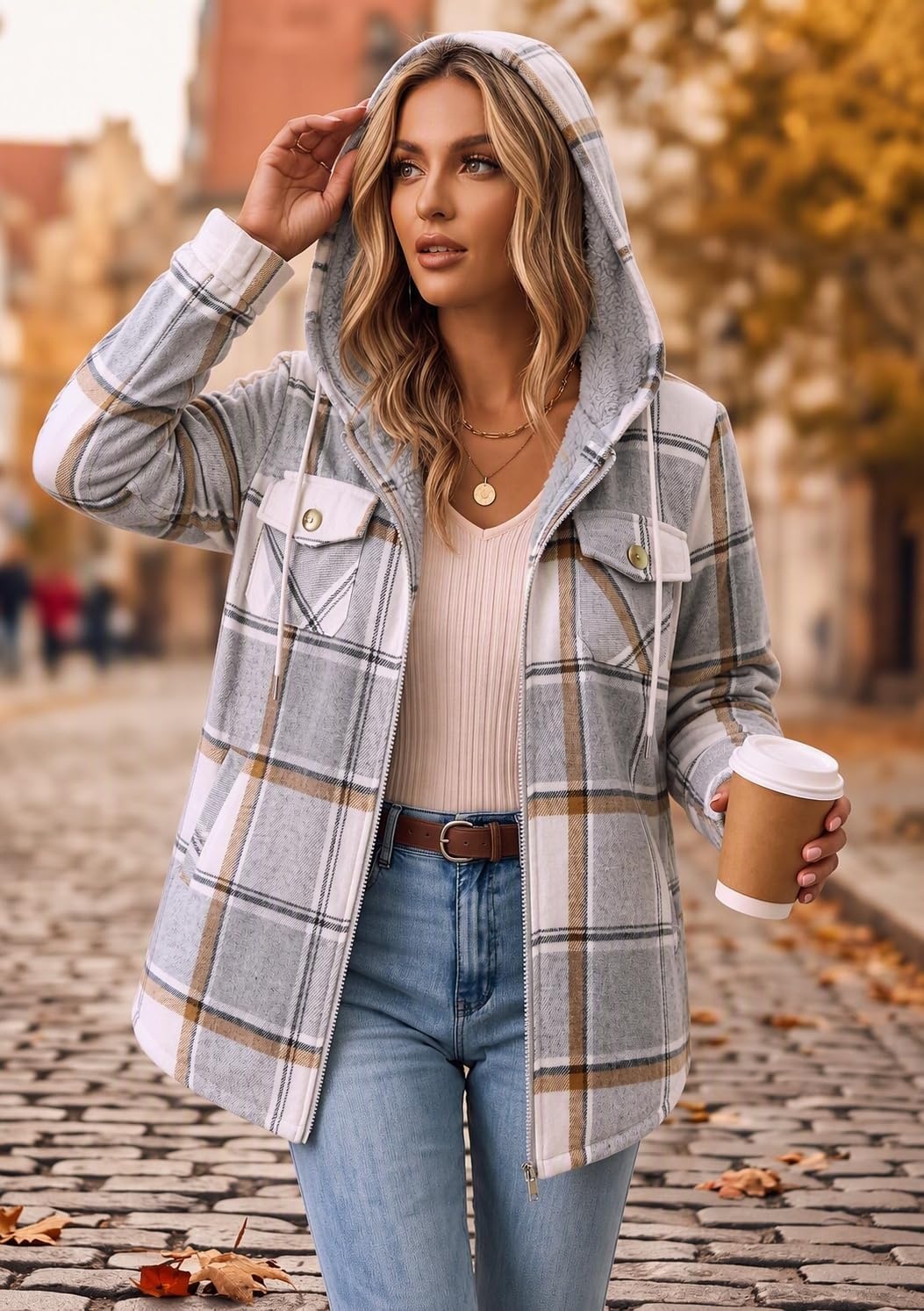 image:imageZeagoo Womens Flannel Jacket Plaid Fleece Lined Shacket Hooded Winter CoatsGrey Gw568