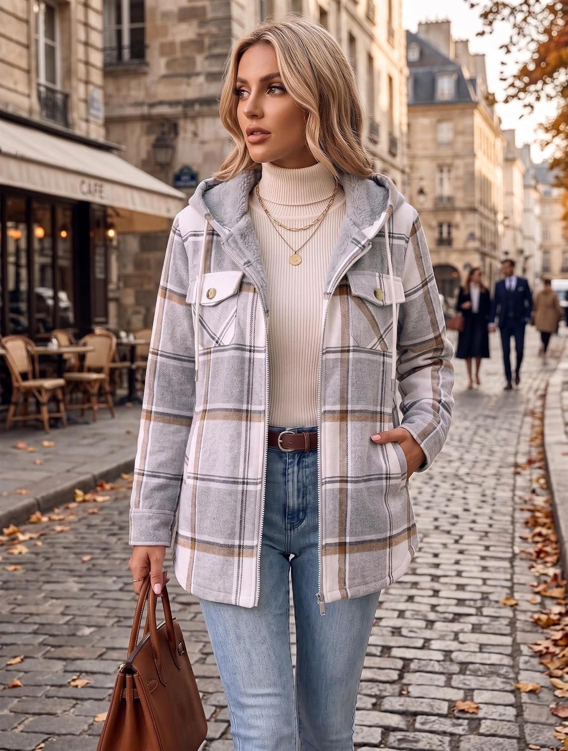 image:imageZeagoo Womens Flannel Jacket Plaid Fleece Lined Shacket Hooded Winter CoatsGrey Gw568