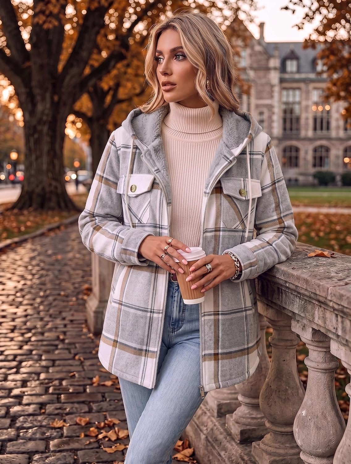 image:imageZeagoo Womens Flannel Jacket Plaid Fleece Lined Shacket Hooded Winter CoatsGrey Gw568