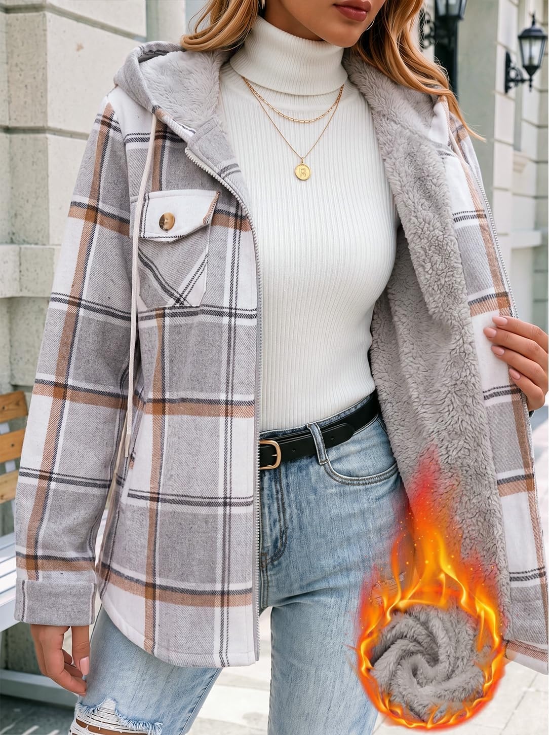 image:imageZeagoo Womens Flannel Jacket Plaid Fleece Lined Shacket Hooded Winter CoatsGrey Gw568